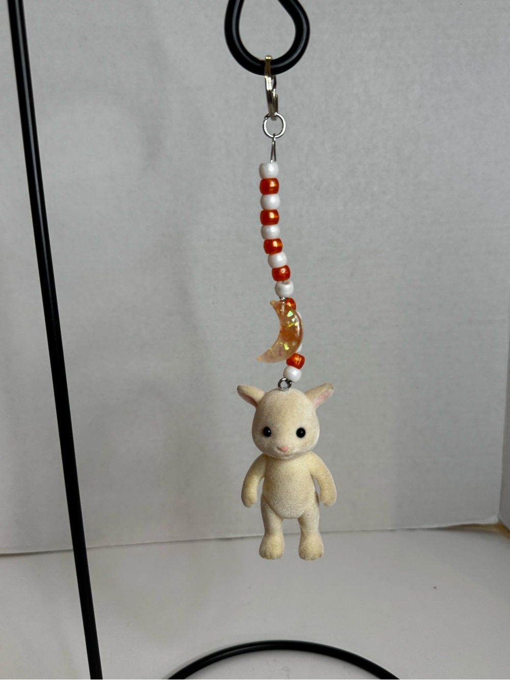 Beige Plush Animal Keychain with Orange Beads and Moon Charm